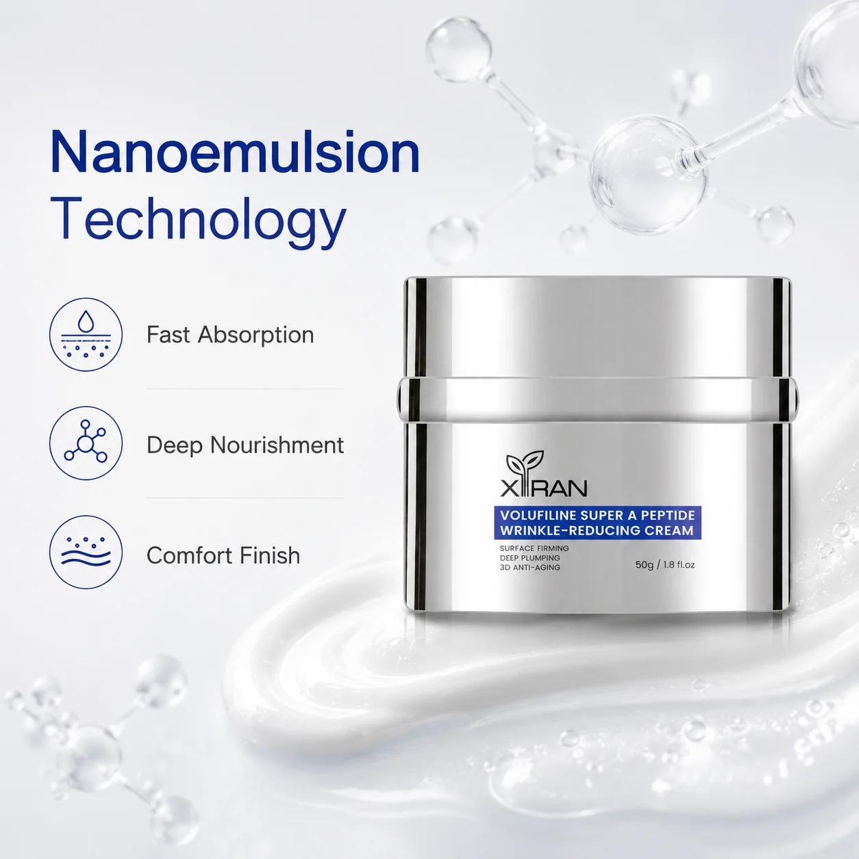 A jar of XIRAN Volufiline Super A Peptide Wrinkle-Reducing Cream, showcasing features like fast absorption, deep nourishment, and comfort finish using nanoemulsion technology.